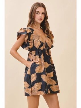 TCEC Navy Mini Dress with Tan Floral Print